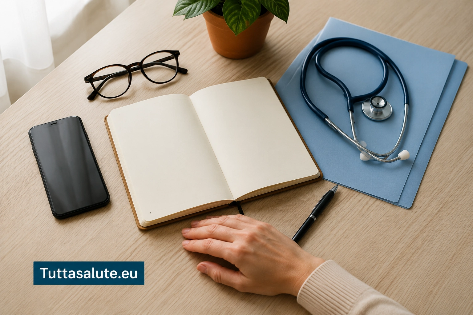 Quaderno, telefono e documenti sanitari su una scrivania; marchio Tuttasalute.eu.