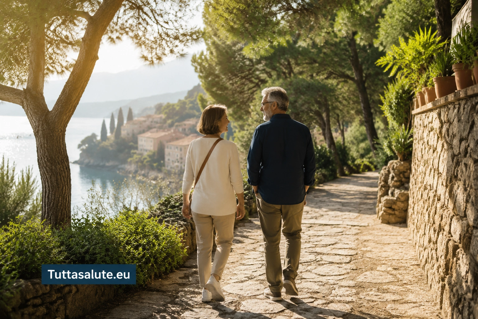 Due persone adulte passeggiano in un paesaggio mediterraneo; marchio Tuttasalute.eu.